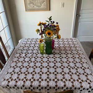 Vintage Handmade Hand Crochet Tablecloth 76x55 Ivory Mandala Cottagecore Granny